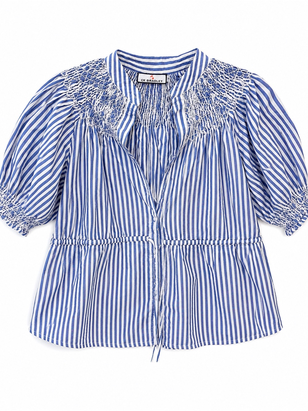 C.K. Bradley Blue & White Striped Smocked Peasant Blouse